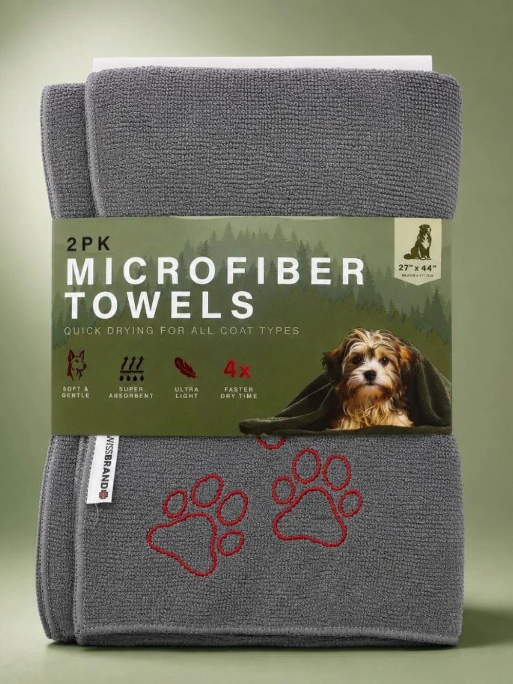 Swissbrand 2PK Microfiber Dog Towels Gray Green Quick Dry Pet Towels 27x44